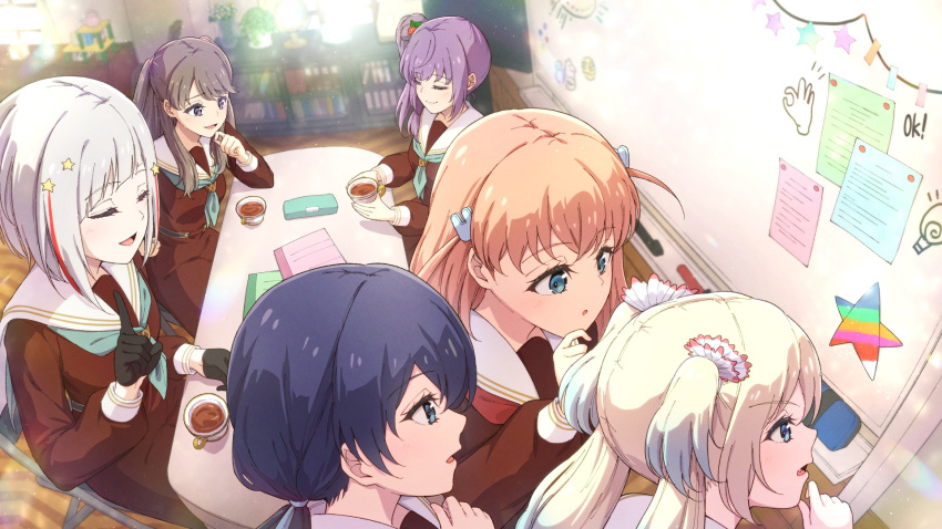 6+girls :3 :o aqua_eyes aqua_neckerchief black_gloves blonde_hair blue_eyes blue_hair blue_ribbon board_eraser bob_cut brown_dress brown_hair chair closed_eyes closed_mouth clubroom commentary_request crossed_bangs cup dark_blue_hair diagonal_bangs dress fang flower folding_chair from_above fujishima_megumi gloves gradient_hair grey_hair hair_bun hair_flower hair_ornament hair_ribbon half_gloves hasu_no_sora_school_uniform highres hinoshita_kaho holding holding_cup in-universe_location indoors inverted_bob light_blue_hair light_particles link!_like!_love_live! lone_nape_hair long_hair long_sleeves looking_at_object love_live! low_twintails magnet marker medium_hair morita49c multicolored_hair multiple_girls murano_sayaka neckerchief notebook ok_sign on_chair open_mouth orange_hair origami osawa_rurino otomune_kozue parted_bangs pink_flower pleated_dress purple_hair rabbit_hair_ornament red_flower red_neckerchief redhead refrigerator_magnet ribbon sailor_collar sailor_dress school_uniform short_hair side_ponytail sidelocks single_side_bun sitting smile star_(symbol) star_hair_ornament streaked_hair tea teacup twintails two_side_up violet_eyes virtual_youtuber white_flower white_sailor_collar whiteboard winter_uniform yugiri_tsuzuri