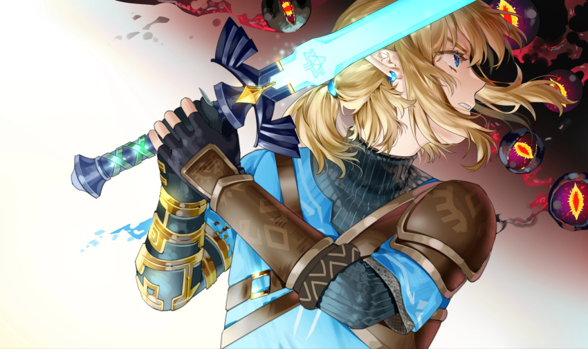 1boy black_background black_gloves blonde_hair blue_eyes blue_tunic champion's_tunic_(zelda) clenched_teeth fingerless_gloves from_side gloves gradient_background highres holding holding_sword holding_weapon kelezi link male_focus pointy_ears solo sword teeth the_legend_of_zelda the_legend_of_zelda:_tears_of_the_kingdom upper_body weapon white_background