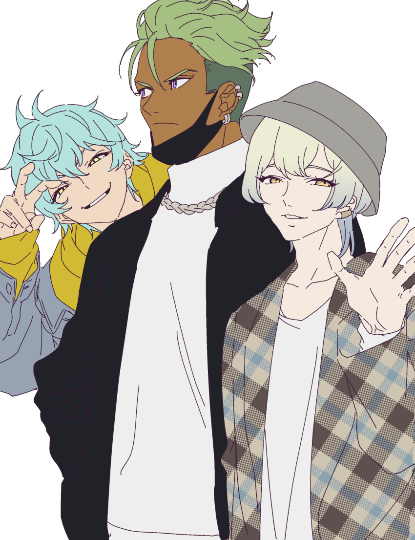 3boys anchiki_shou bad_id bad_twitter_id black_jacket black_mask blonde_hair blue_hair closed_mouth dark-skinned_male dark_skin earrings green_hair grey_hat hair_between_eyes hand_up highres jacket jewelry king_of_prism_by_prettyrhythm kisaragi_louis long_sleeves looking_at_viewer looking_to_the_side male_focus mask mask_pull mouth_mask multiple_boys necklace open_hand open_mouth peeking_out plaid plaid_jacket pretty_rhythm pretty_series shirt short_hair simple_background smile standing surgical_mask takadanobaba_jouji undercut upper_body v violet_eyes white_background white_shirt yamato_alexander yellow_eyes