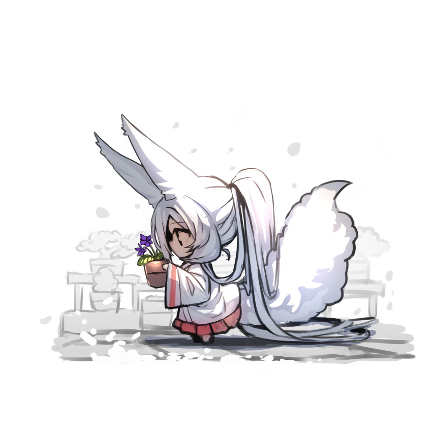 1girl absurdly_long_hair animal_ears barefoot chibi commentary_request flower flower_pot fox_ears fox_girl fox_tail from_side highres holding long_hair long_sleeves original pleated_skirt ponytail profile purple_flower red_skirt shirt simple_background skirt solo standing tail very_long_hair white_background white_hair white_shirt wide_sleeves yuuji_(yukimimi)