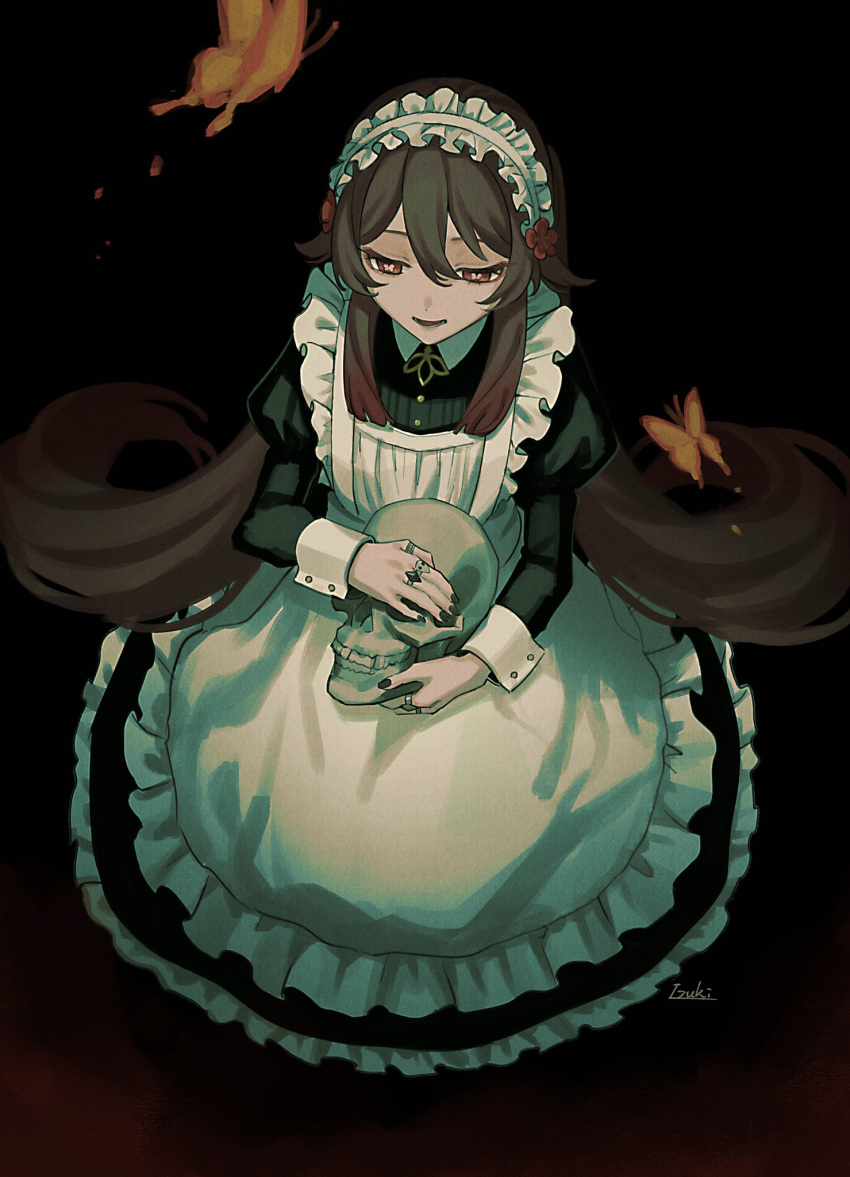 1girl 39_iduki alternate_costume apron black_dress black_nails brown_hair bug butterfly dress enmaided flower-shaped_pupils frilled_apron frills genshin_impact hair_between_eyes highres holding holding_skull hu_tao_(genshin_impact) jewelry juliet_sleeves long_hair long_sleeves maid maid_headdress nail_polish parted_lips puffy_sleeves red_eyes ring signature simple_background skull solo symbol-shaped_pupils very_long_hair white_apron