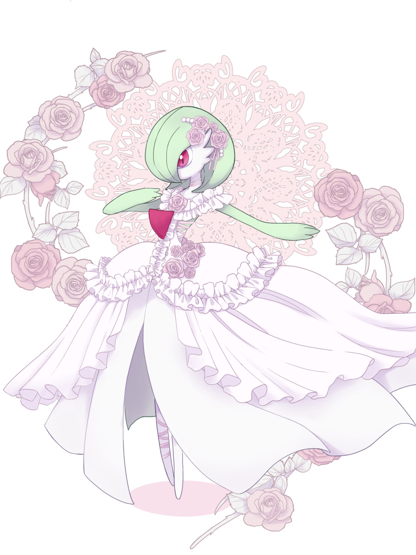 1other absurdres arm_out_of_sleeve clothed_pokemon colored_skin commentary_request dress flower frilled_dress frills full_body gardevoir green_hair hair_flower hair_ornament highres medium_hair pink_eyes pokemon pokemon_(creature) ruri_(ruriblackrose001) solo standing white_dress white_skin