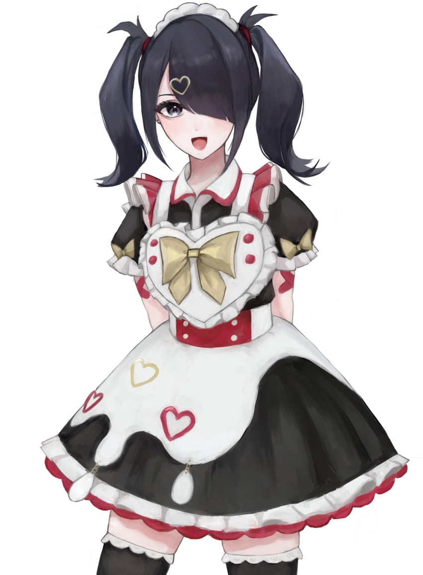 1girl :d ame-chan_(needy_girl_overdose) apron arms_behind_back black_dress black_eyes black_hair black_thighhighs bow collared_dress commentary cowboy_shot dress english_commentary frilled_dress frills hair_ornament hair_over_one_eye heart heart_hair_ornament highres kotorun_ahyo long_hair looking_at_viewer maid maid_headdress needy_girl_overdose official_alternate_costume open_mouth puffy_short_sleeves puffy_sleeves short_dress short_sleeves simple_background smile solo standing sweets_paradise thigh-highs twintails white_apron white_background yellow_bow