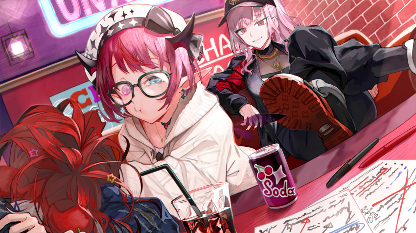 +_+ 3girls absurdres baseball_cap beret blue_eyes can crossed_legs cup drinking_glass drinking_straw earrings english_commentary glasses hakos_baelz hat heterochromia highres hololive hololive_english hood hooded_jacket horns irys_(hololive) jacket jewelry long_hair mixed-language_commentary mori_calliope multiple_girls necklace paper pen pink_eyes pink_hair pointy_ears red_eyes redhead sitting symbol-shaped_pupils toro3