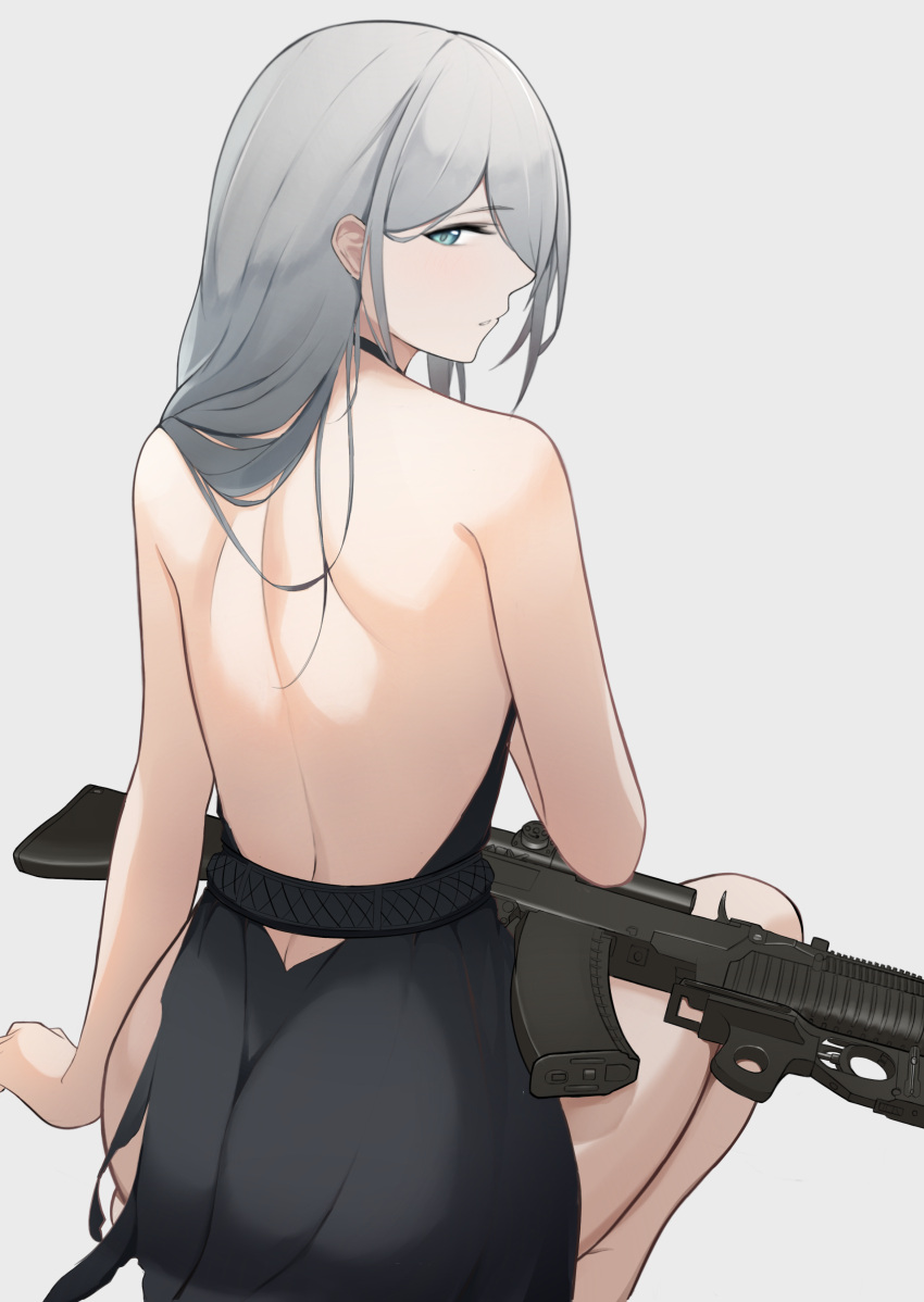 1girl absurdres an-94 an-94_(girls'_frontline) an-94_(silent_rouge)_(girls'_frontline) aqua_eyes assault_rifle backless_dress backless_outfit black_dress dress from_behind girls_frontline gp-25 grenade_launcher grey_background grey_hair gun highres long_hair looking_at_viewer looking_back official_alternate_costume rifle sharp-pig sitting solo underbarrel_grenade_launcher weapon