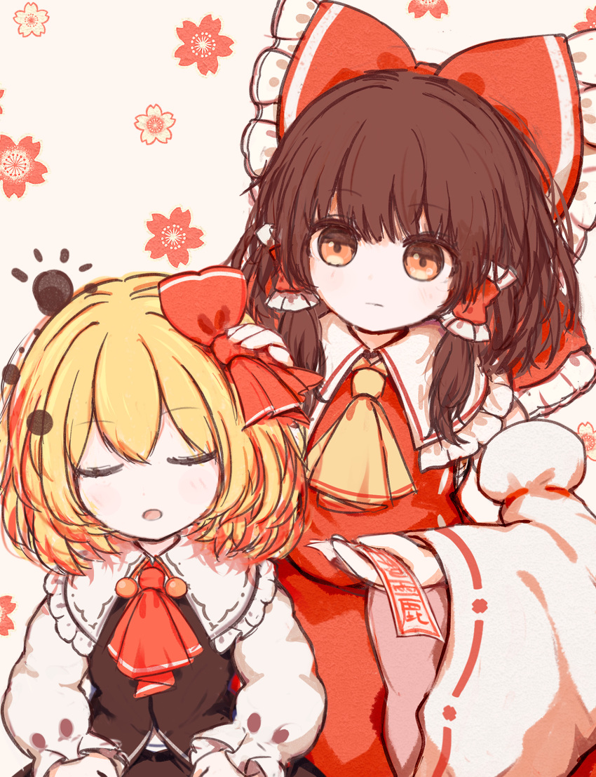 2girls ascot behind_another black_skirt black_vest blonde_hair bow brown_eyes brown_hair closed_eyes commentary_request detached_sleeves expressionless facing_viewer floral_background frilled_bow frilled_hair_tubes frills hair_bow hair_tubes hakurei_reimu highres holding_ofuda light_blush long_sleeves looking_at_another medium_hair multiple_girls ofuda open_mouth red_ascot red_bow red_shirt red_skirt ro.ro rumia sarashi shirt skirt sleeping sleeveless sleeveless_shirt touhou upper_body vest white_background white_shirt white_sleeves wide_sleeves yellow_ascot