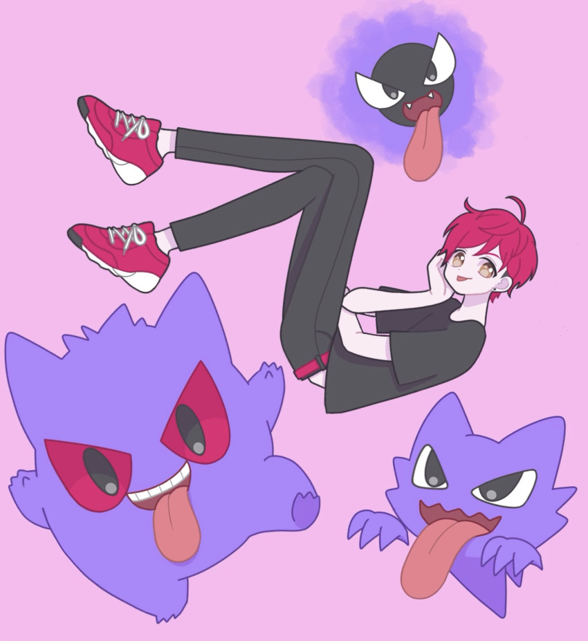 1boy black_pants black_shirt brown_eyes commentary crossover full_body gastly gengar hand_on_own_cheek hand_on_own_face hand_up haunter highres ikebukuro_ace king_of_prism looking_at_viewer male_focus nyaasechan pants pink_background pokemon pokemon_(creature) pretty_rhythm pretty_series red_footwear redhead shirt shoes short_hair simple_background smile sneakers solo symbol-only_commentary t-shirt
