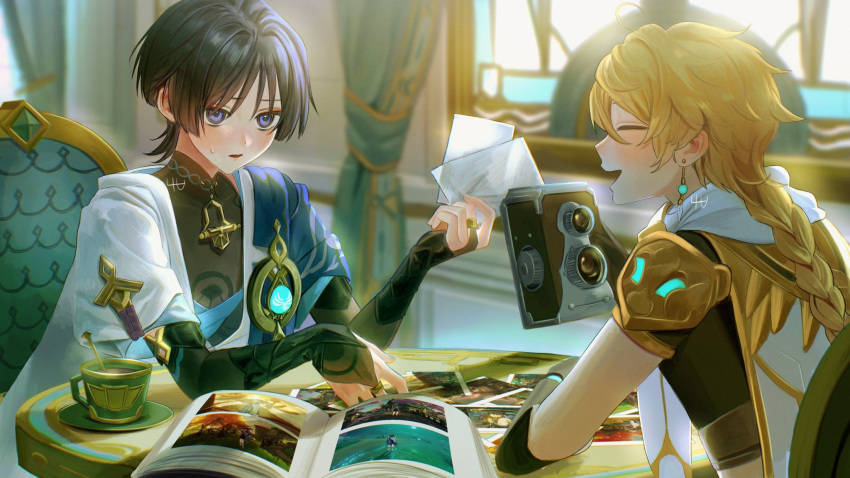 2boys 4the2ofus aether_(genshin_impact) ahoge arm_armor armor artist_name black_gloves black_hair black_shirt blonde_hair blue_cape blue_gemstone blunt_ends blurry blurry_background blush braid camera cape chair closed_eyes coffee covered_collarbone cup curtains day earrings elbow_gloves eyeshadow fingerless_gloves gem genshin_impact gloves gold_necklace gold_ring gold_trim hair_between_eyes hand_up highres holding holding_camera holding_photo indoors jewelry long_hair looking_at_another makeup male_focus mandarin_collar multiple_boys necklace no_headwear open_clothes open_mouth open_vest photo_(object) photo_album plate red_eyeshadow ring scaramouche_(genshin_impact) scarf shirt short_hair short_sleeves shoulder_armor single_earring sitting sky smile spoon steam sweatdrop table vest violet_eyes vision_(genshin_impact) wanderer_(genshin_impact) white_scarf white_sky white_vest window