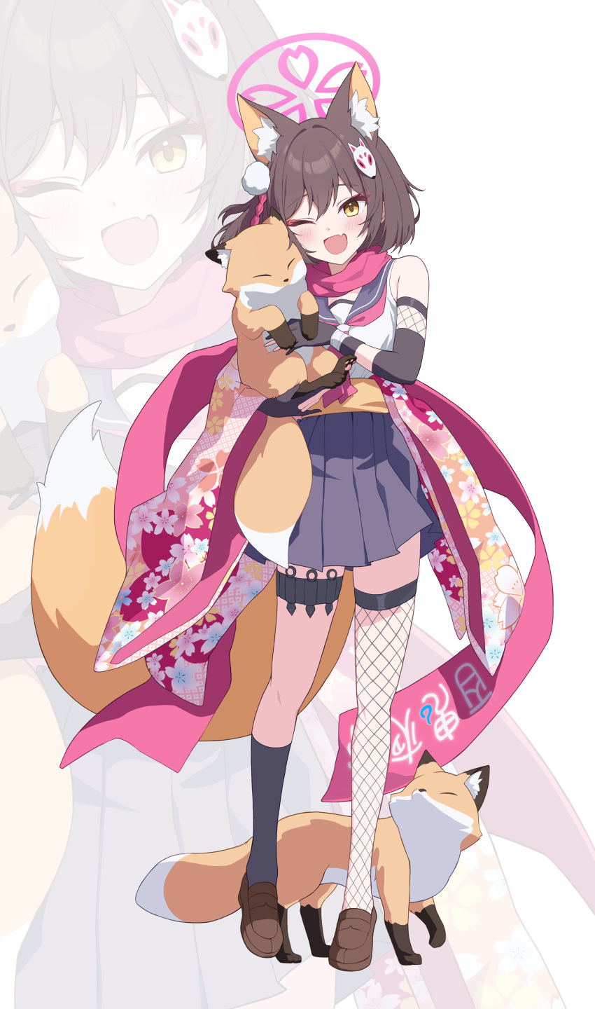 1girl absurdres animal animal_ear_fluff animal_ears asymmetrical_legwear black_socks blue_archive blue_skirt brown_footwear brown_hair commentary_request fang fishnet_thighhighs fishnets fox fox_ears fox_girl fox_hair_ornament fox_tail full_body halo highres holding holding_animal izuna_(blue_archive) kneehighs looking_at_viewer medium_hair one_eye_closed open_mouth pink_halo pink_scarf pleated_skirt same_(samefgo) scarf shirt simple_background skin_fang skirt smile socks solo standing tail thigh-highs white_background white_shirt yellow_eyes zoom_layer