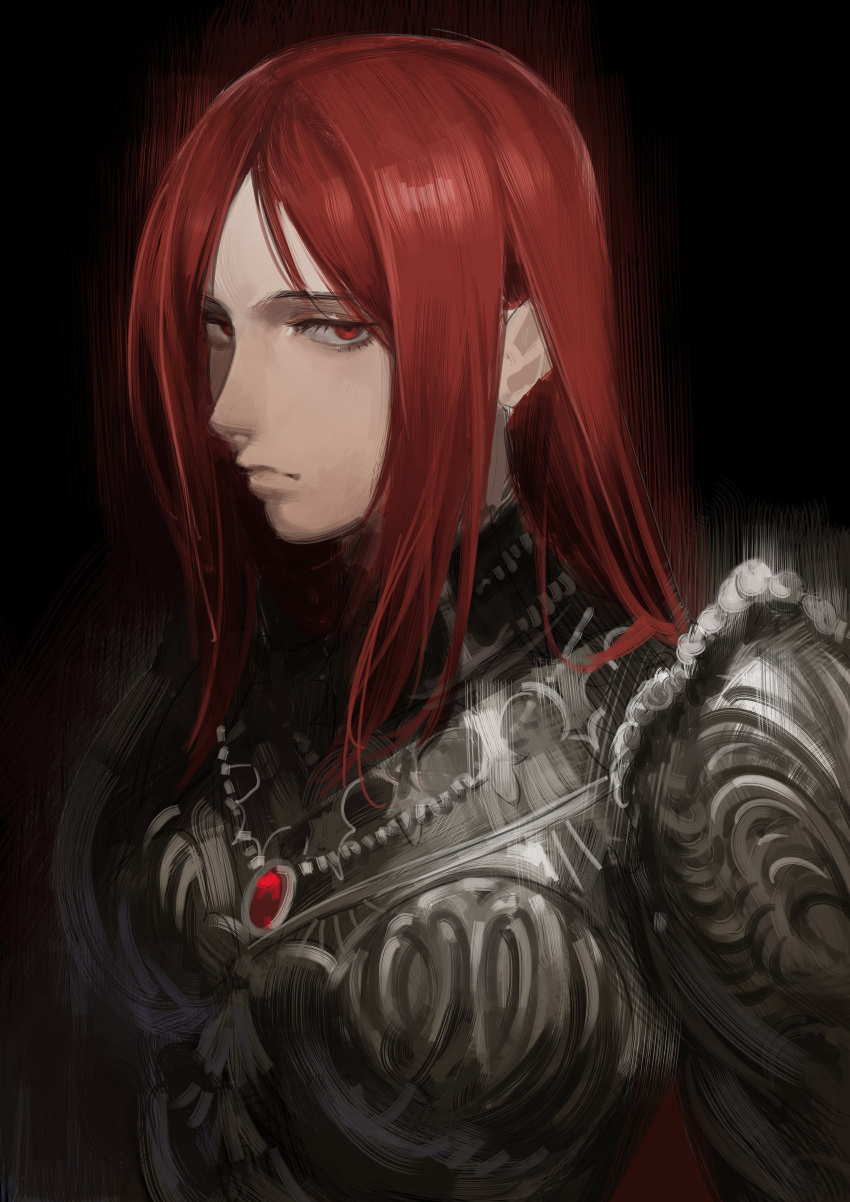 1girl absurdres armor black_background commentary elden_ring english_commentary expressionless hair_down hanneli_(hanny) hanny_(uirusu_chan) highres jewelry looking_at_viewer parted_bangs pauldrons red_eyes redhead shoulder_armor sideways_glance simple_background solo tarnished_(elden_ring) upper_body