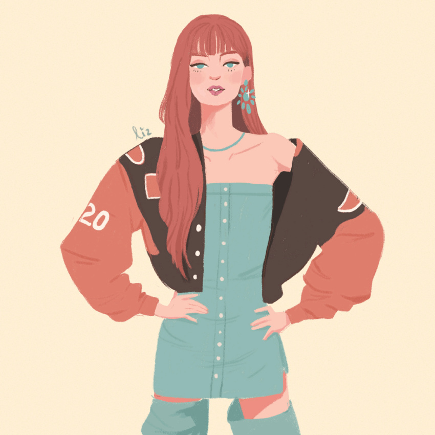 1girl animated animated_gif blackpink blue_dress blue_thighhighs blunt_bangs cowboy_shot dress earrings english_commentary facing_viewer hair_behind_ear hands_on_own_hips jacket jewelry lisa_(blackpink) long_hair looking_at_viewer necklace pixiefies simple_background thigh-highs