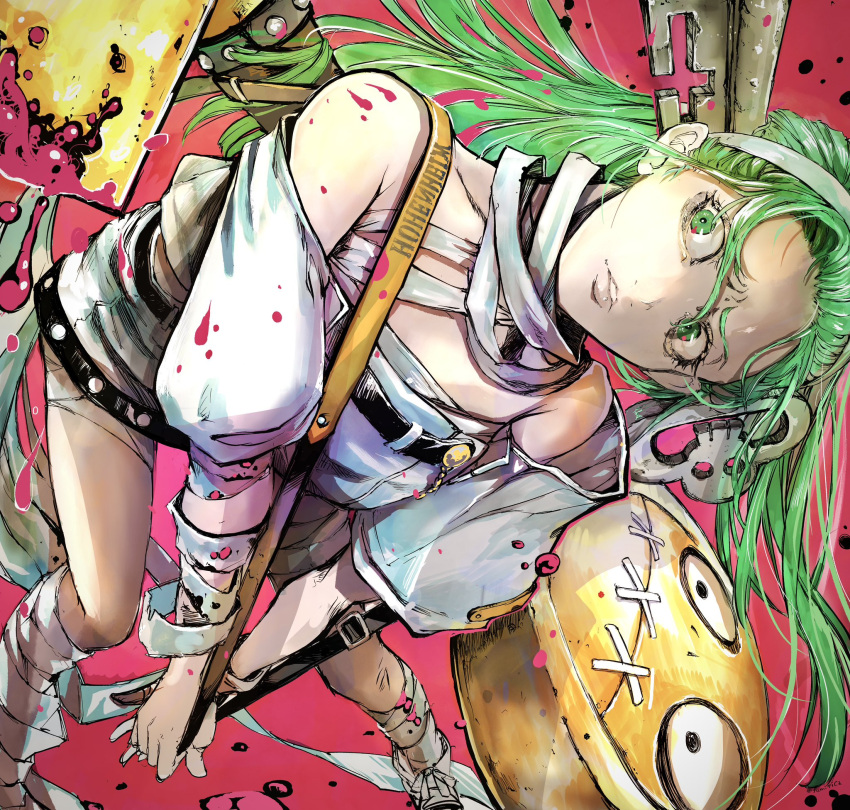 1girl a.b.a bandaged_chest bandaged_neck bandages bare_shoulders blood blood_on_bandages green_eyes green_hair guilty_gear guilty_gear_strive headband highres illustica_phantom key key_in_head long_hair object_through_head paracelsus_(guilty_gear) stitched_mouth stitches white_headband