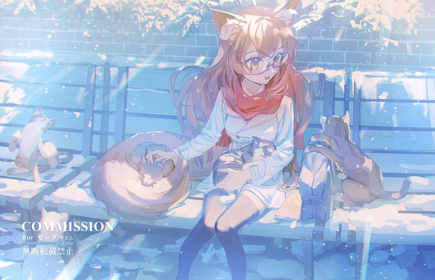 1girl animal_ear_fluff animal_ears bag bench brown_hair cat cat_ears cat_girl cat_tail coat commission glass highres jdge long_hair open_mouth original outdoors scarf sitting skeb_commission smile solo sunlight tail thigh-highs yellow_eyes zettai_ryouiki