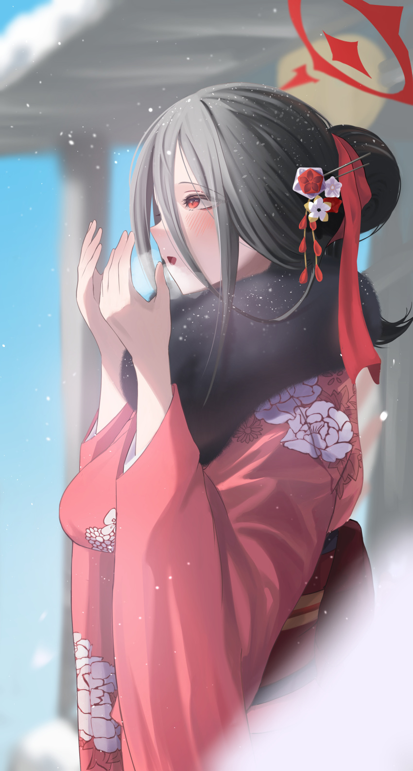 1girl absurdres amondo black_hair blue_archive blurry blurry_background blush breath commentary_request day depth_of_field floral_print from_side fur-trimmed_kimono fur_trim furisode hair_belt hair_bun hair_ribbon halo hands_up hasumi_(blue_archive) hatsumoude highres japanese_clothes kimono new_year obi open_mouth print_kimono red_eyes red_halo red_kimono red_ribbon ribbon sash solo wide_sleeves