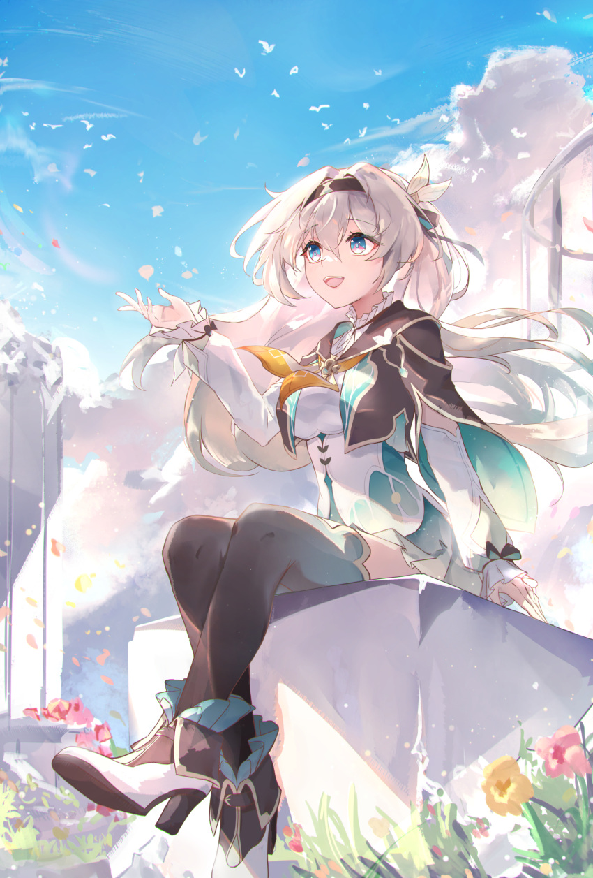 1girl absurdres black_hairband black_jacket black_thighhighs blue_eyes blue_sky breasts clouds collar elphe firefly_(honkai:_star_rail) flower frilled_collar frilled_sleeves frills full_body grass hair_between_eyes hair_ornament hairband highres honkai:_star_rail honkai_(series) jacket long_hair looking_ahead medium_breasts necktie open_mouth scenery shirt sitting sky solo thigh-highs very_long_hair white_hair white_shirt yellow_necktie