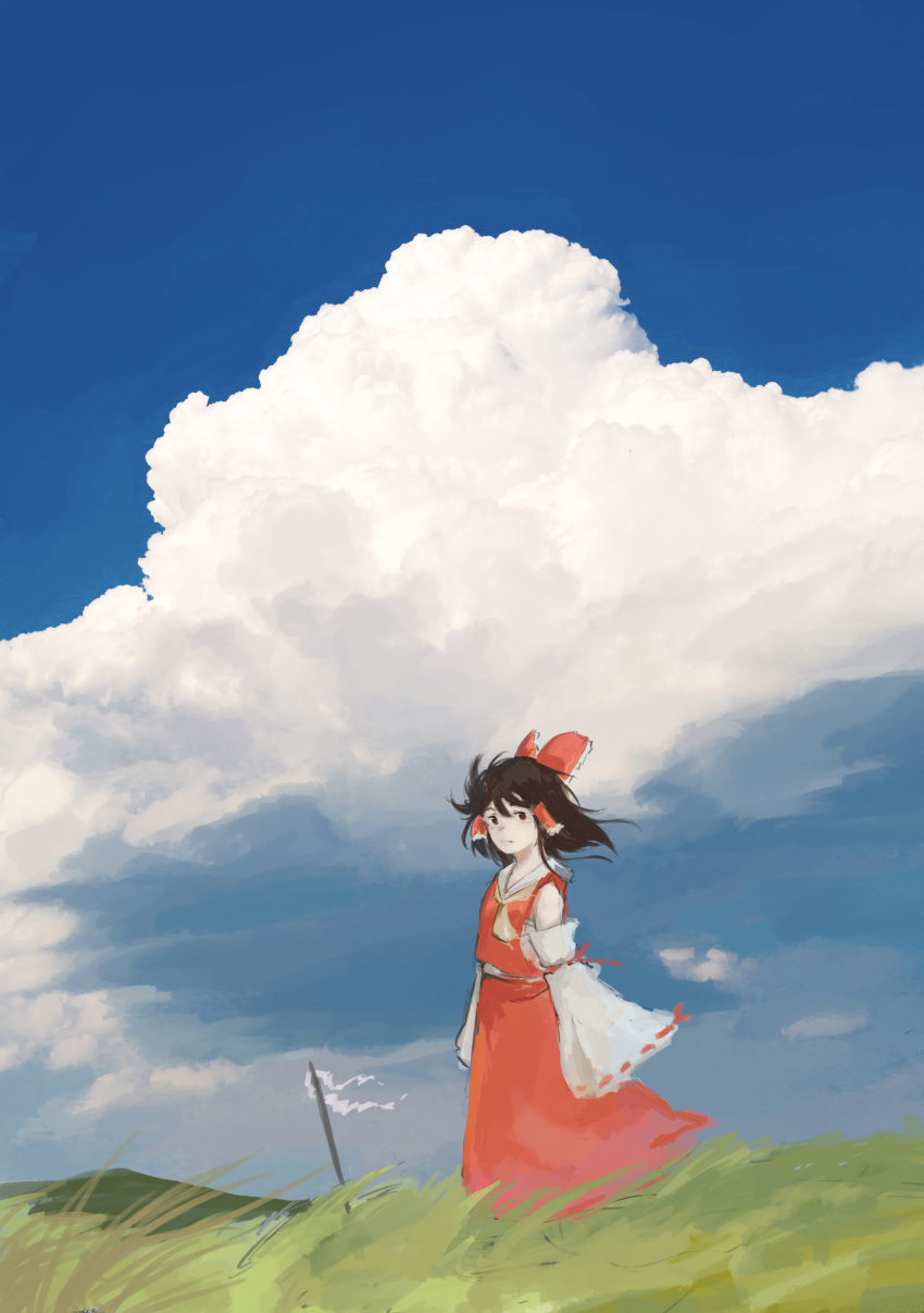 1girl absurdres ascot blue_sky bow brown_eyes brown_hair closed_mouth clouds cloudy_sky collared_shirt commentary_request day detached_sleeves expressionless flat_chest fn2188 frilled_bow frilled_hair_tubes frills full_body gohei grass hair_bow hair_tubes hakurei_reimu highres looking_at_viewer medium_bangs medium_hair outdoors red_bow red_shirt red_skirt ribbon-trimmed_sleeves ribbon_trim shirt sidelocks skirt skirt_set sky sleeveless sleeveless_shirt solo standing touhou white_sleeves wide_sleeves wind yellow_ascot
