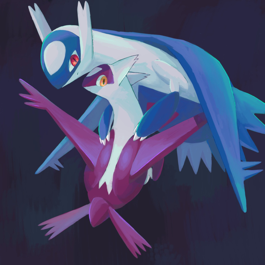 arms_on_another's_shoulder blue_wings dark_background from_behind full_body highres keruasu0629 latias latios looking_at_viewer looking_back midair no_humans pokemon pokemon_(creature) red_eyes red_wings wings yellow_eyes