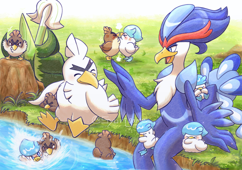anger_vein bird blue_eyes brown_eyes closed_eyes duck farfetch'd galarian_farfetch'd grass looking_at_another open_mouth outdoors pokemon pokemon_(creature) quaquaval quaxly river rock shuri_(syurigame) sitting spring_onion thick_eyebrows v-shaped_eyebrows