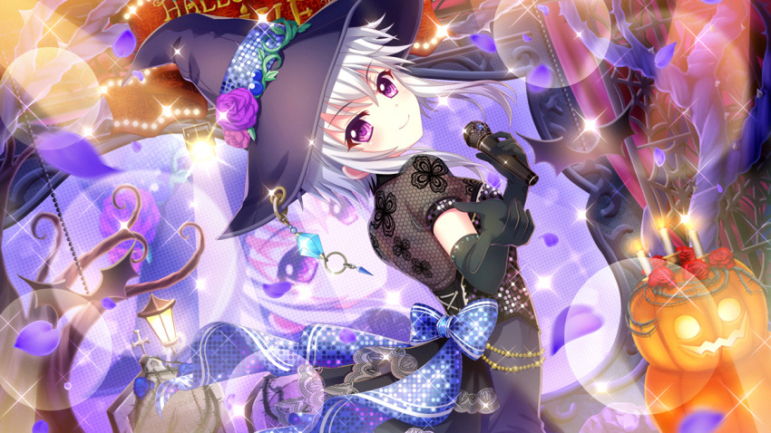 1girl back_bow bat_(animal) black_gloves black_hat blue_bow bow breasts closed_mouth concert dot_nose dutch_angle elbow_gloves film_grain fishnets flower from_side game_cg gloves grey_hair halloween hand_up holding holding_microphone ichijou_ruka idol idol_clothes index_finger_raised izumi_tsubasu jack-o'-lantern lantern large_bow leaf lens_flare looking_at_viewer microphone non-web_source official_art purple_flower purple_leaves purple_rose re:stage! rose screen sequins short_hair_with_long_locks small_breasts smile solo sparkle stage tombstone tree violet_eyes