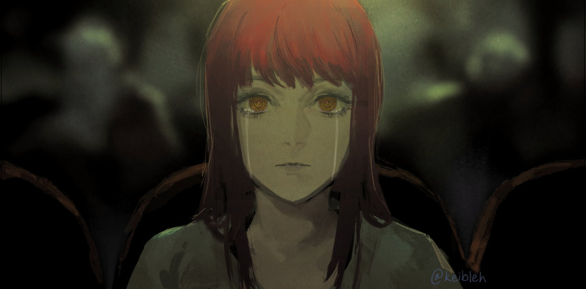 1girl chainsaw_man closed_mouth crying crying_with_eyes_open expressionless hair_down highres keibleh long_hair looking_at_viewer makima_(chainsaw_man) movie_theater redhead ringed_eyes shirt sitting solo tears twitter_username yellow_eyes