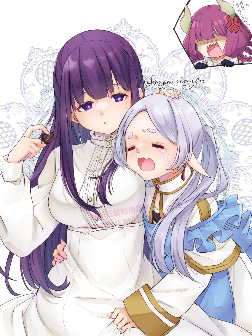 3girls absurdres aura_(sousou_no_frieren) chocolate closed_eyes crying dress fern_(sousou_no_frieren) food frieren grey_hair hair_between_eyes highres hiragana_sherry holding holding_chocolate holding_food long_hair long_sleeves multiple_girls open_mouth pointy_ears purple_hair sousou_no_frieren tears twitter_username violet_eyes white_dress