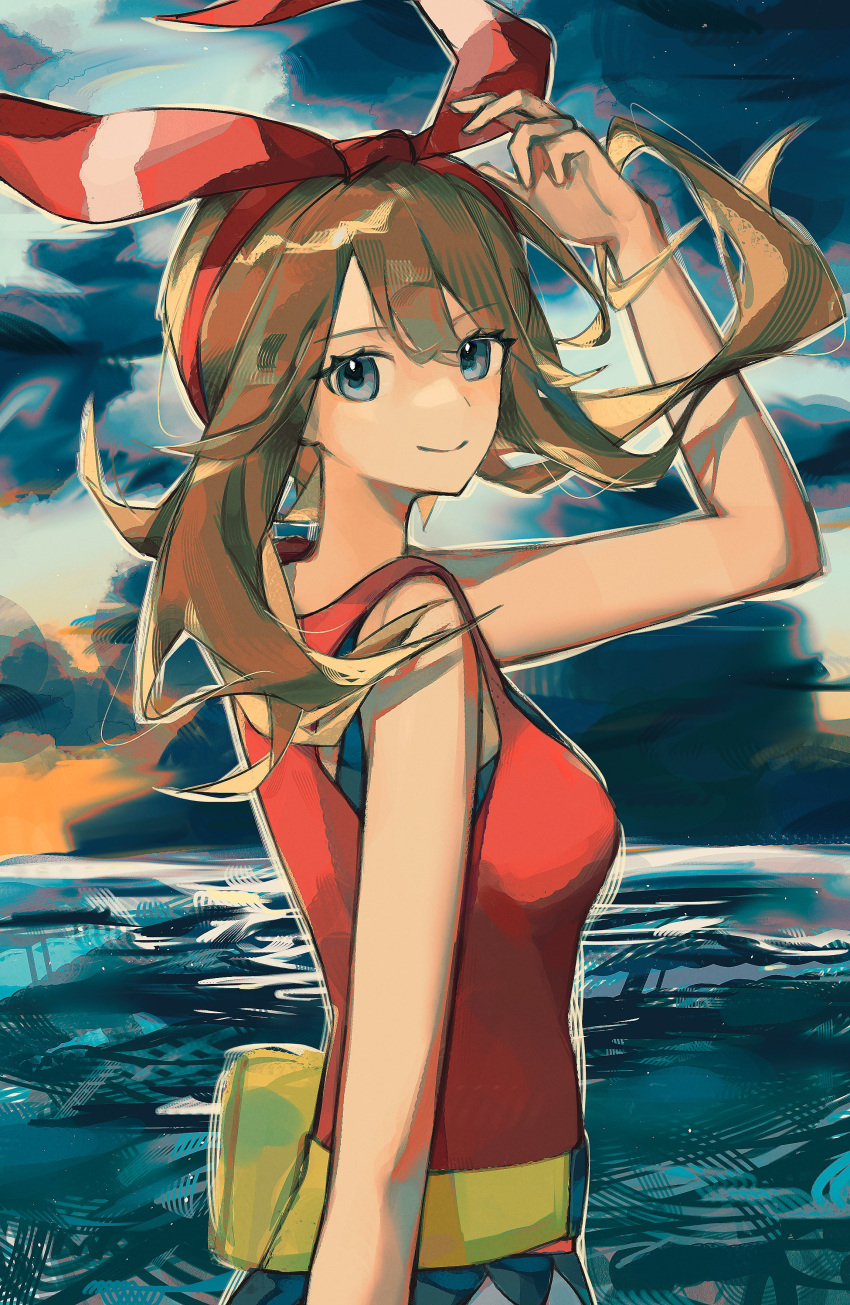 1girl absurdres asatte_3z bare_shoulders bow brown_hair closed_mouth eyelashes fanny_pack from_side grey_eyes hair_bow highres looking_at_viewer may_(pokemon) pokemon pokemon_oras red_bow red_shirt shirt sleeveless sleeveless_shirt smile solo upper_body