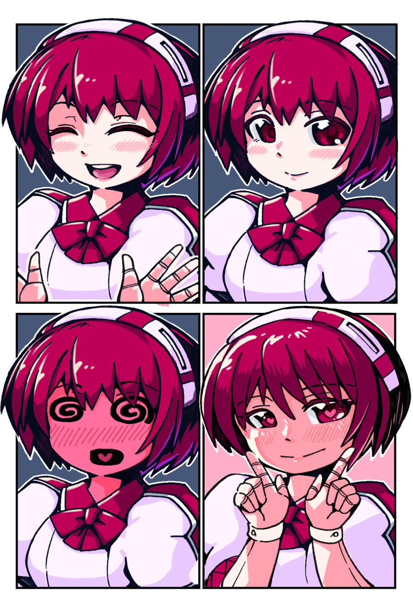 1girl :d @_@ android blue_background blush border bow bowtie closed_eyes closed_mouth commentary_request dorothy_haze embarrassed expressions full-face_blush hairband hands_up heart heart-shaped_pupils heart_in_mouth highres index_fingers_raised joints looking_at_viewer mikiji multiple_views open_hands open_mouth pink_background puffy_short_sleeves puffy_sleeves red_bow red_bowtie red_eyes redhead robot_joints shirt short_hair short_sleeves smile striped_clothes striped_hairband symbol-shaped_pupils upper_body va-11_hall-a white_border white_hairband white_shirt white_wrist_cuffs wrist_cuffs