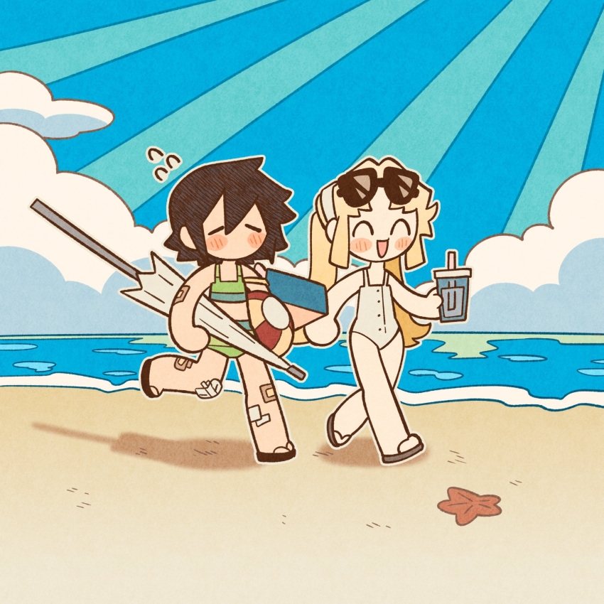 2girls :d amelia_lee bandaid bandaid_on_leg beach beach_umbrella beatrice_reden bikini blonde_hair blue_sky blush brown_hair chibi clouds cloudy_sky cup drink drinking_straw eyewear_on_head flying_sweatdrops gauze_on_knee green_bikini highres holding holding_drink holding_umbrella horizon i_love_amy light_rays long_hair multiple_girls ocean one-piece_swimsuit open_mouth sand shore sky smile starfish sunglasses swimsuit textless_version twintails umbrella unn1666 water white_one-piece_swimsuit