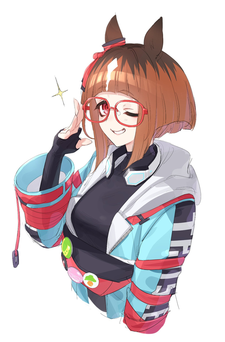 1girl adjusting_eyewear animal_ears aqua_coat arm_at_side black_shirt breasts brown_hair coat cropped_torso ear_ornament fingerless_gloves glasses gloves grin hands_up headphones headphones_around_neck highres horse_ears light_blush looking_at_viewer medium_breasts ningen3333 one_eye_closed open_clothes open_coat red_eyes shirt short_hair simple_background smile solo sparkle transcend_(umamusume) umamusume upper_body white_background