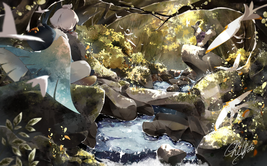 1other ambiguous_gender bird bush character_request chilfa_112 day forest highres landscape leaf moss nature outdoors rock scenery short_hair signature simple_bird sitting sky:_children_of_the_light stream sunlight water white_hair