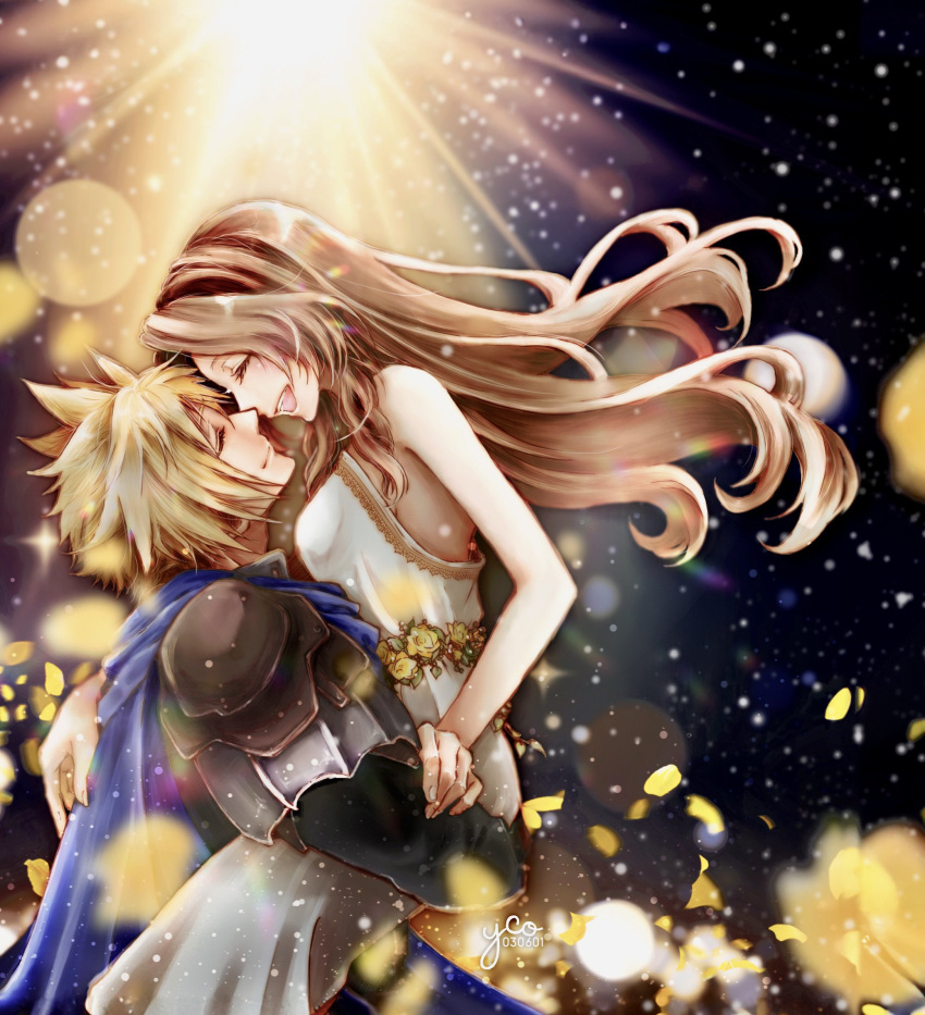 1boy 1girl aerith_gainsborough aerith_gainsborough_(white_floral_dress) arm_around_neck armor artist_name bare_arms bare_shoulders black_shirt blonde_hair blue_cloak breasts brown_hair cloak closed_eyes closed_mouth cloud_strife couple dress dress_flower falling_petals final_fantasy final_fantasy_vii final_fantasy_vii_rebirth final_fantasy_vii_remake flower gold_trim hair_between_eyes hetero highres imminent_kiss long_dress long_hair long_sleeves medium_breasts official_alternate_costume open_mouth parted_bangs petals rose shirt short_hair shoulder_armor sidelocks smile spiky_hair stage_lights strapless strapless_dress upper_body wavy_hair white_dress yco_030601 yellow_flower yellow_petals yellow_rose