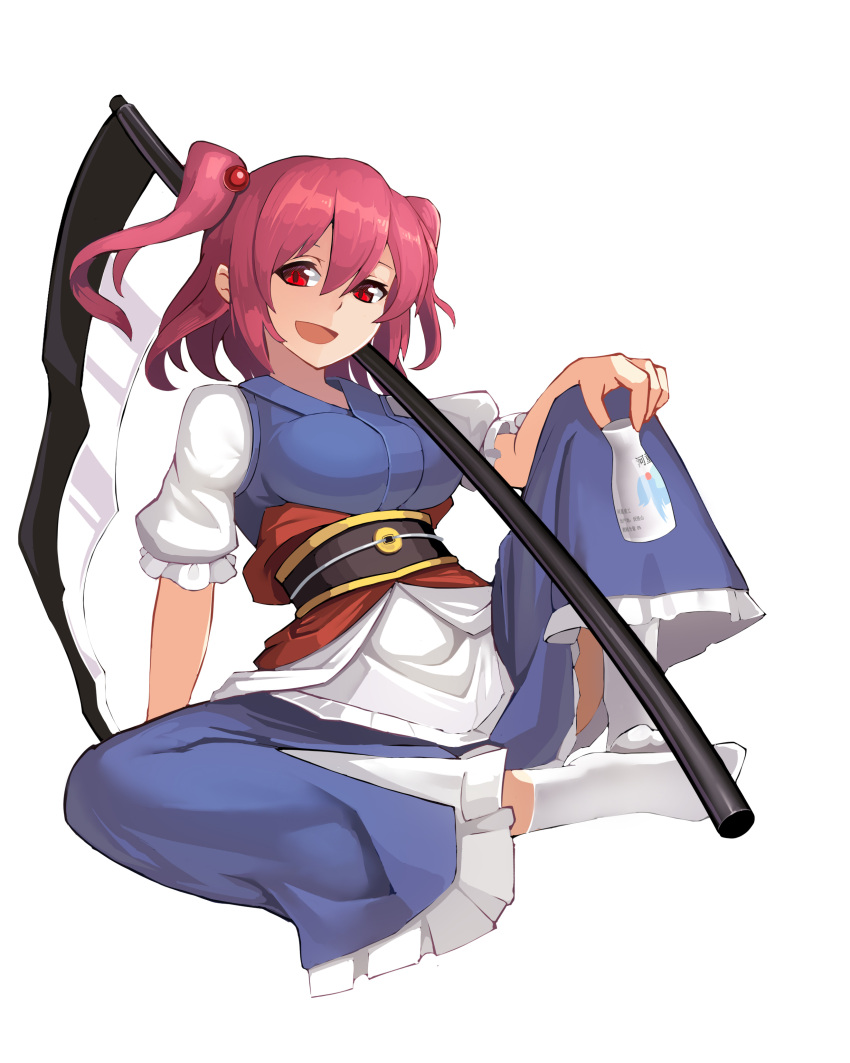 1girl absurdres breasts coin commentary cup fps_xilou full_body highres holding holding_cup knee_up large_breasts looking_at_viewer obi onozuka_komachi open_mouth red_eyes redhead sash scythe short_sleeves simple_background smile socks solo touhou two_side_up variant_set white_background white_socks
