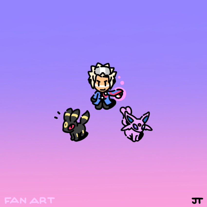 1boy black_eyes black_gloves blonde_hair blue_coat chibi closed_mouth coat commentary espeon gloves gradient_background highres holding holding_poke_ball james_turner long_sleeves male_focus notice_lines poke_ball poke_ball_(basic) pokemon pokemon_(creature) pokemon_colosseum short_hair signature smile solid_oval_eyes standing umbreon wes_(pokemon)