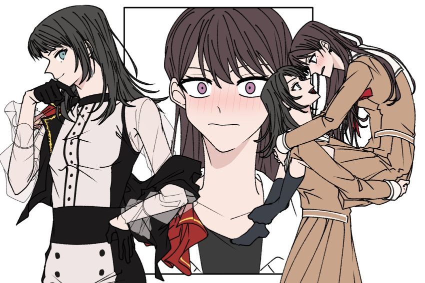 2girls a_jak bang_dream! bang_dream!_it's_mygo!!!!! black_gloves black_hair black_shirt blue_eyes blush brown_dress brown_hair carrying carrying_person closed_mouth collared_shirt commentary_request dress gloves korean_commentary long_hair long_sleeves mole mole_under_eye multiple_girls neck_ribbon one_eye_closed open_mouth pleated_skirt red_ribbon ribbon school_uniform see-through see-through_sleeves shiina_taki shirt simple_background skirt smile violet_eyes white_background white_dress white_shirt yahata_umiri yuri
