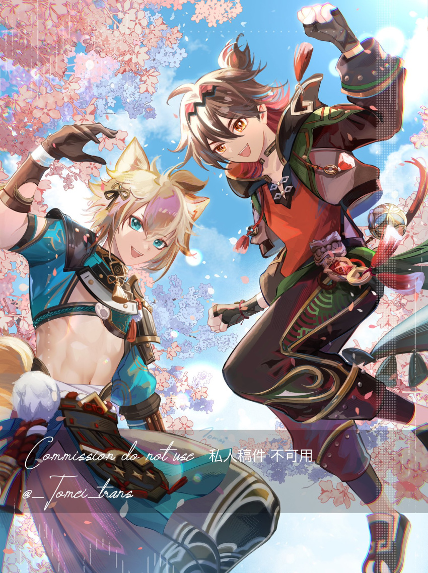 2boys animal_ears aqua_eyes armor black_gloves brown_hair brown_pants cherry_blossoms chinese_clothes commission crop_top dog_boy dog_ears dog_tail fingerless_gloves gaming_(genshin_impact) genshin_impact gloves gorou_(genshin_impact) grey_jacket hair_between_eyes hairband highres hood hooded_jacket jacket japanese_clothes long_hair long_sleeves looking_at_viewer male_focus midriff multicolored_hair multiple_boys navel open_mouth orange_eyes pants red_shirt redhead shirt shoes stomach streaked_hair tail tassel touming_tomei upper_body white_hair