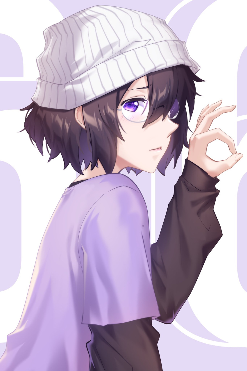 1girl black_shirt blush brown_hair closed_mouth glasses hair_over_one_eye hat highres levana_violette_(lusan666) long_sleeves lusan666 original purple_shirt shirt simple_background solo violet_eyes white_hat