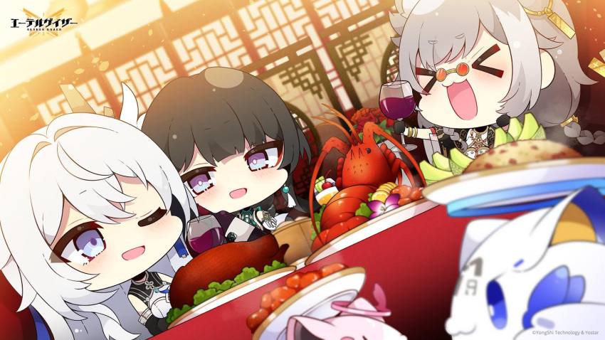 &gt;_&lt; 3girls :d ;d aether_gazer alcohol bare_shoulders black_gloves black_hair blurry blurry_background blurry_foreground blush braid character_request chibi commentary_request copyright_name cup depth_of_field drinking_glass dutch_angle food food_request gloves grey_eyes grey_hair hair_between_eyes highres holding holding_cup indoors long_hair multiple_girls muuran official_art one_eye_closed orange-tinted_eyewear pince-nez plate shirt short_eyebrows smile table thick_eyebrows tinted_eyewear violet_eyes white_shirt wine wine_glass xd