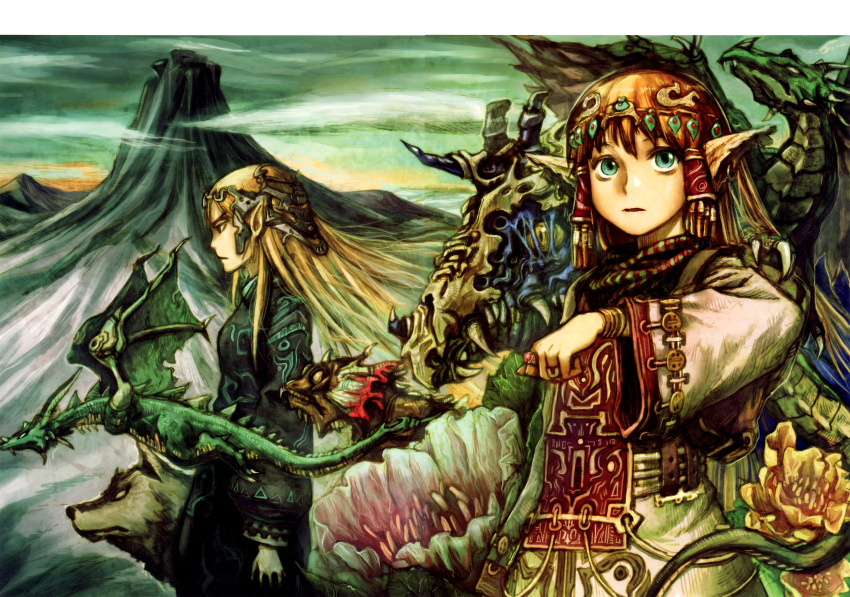 2girls abe_yoshitoshi absurdres blonde_hair blue_eyes brown_hair closed_mouth clouds dragon dress elf fantasy flower green_eyes green_sky hair_tubes headpiece highres jewelry long_hair looking_at_viewer mountain multiple_girls non-web_source original pointy_ears profile sky standing wolf yellow_flower