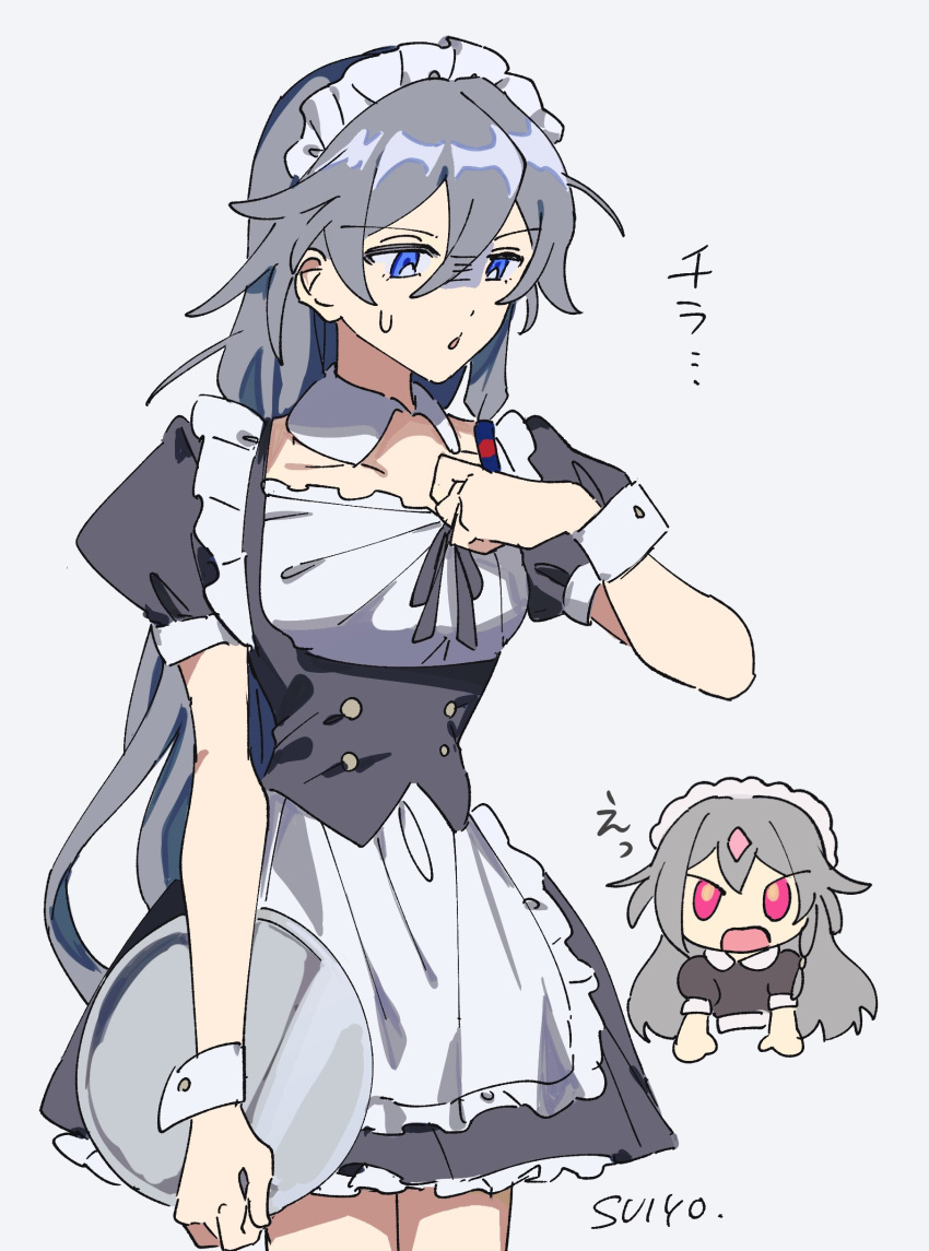 2girls absurdres apron artist_name black_dress black_hair blue_eyes dress dual_persona frilled_apron frilled_dress frills fu_hua fu_hua_(herrscher_of_sentience) grey_background highres honkai_(series) honkai_impact_3rd long_hair maid maid_apron maid_headdress multiple_girls open_mouth puffy_short_sleeves puffy_sleeves red_eyes short_sleeves simple_background uehara_suiyo waist_apron wristband