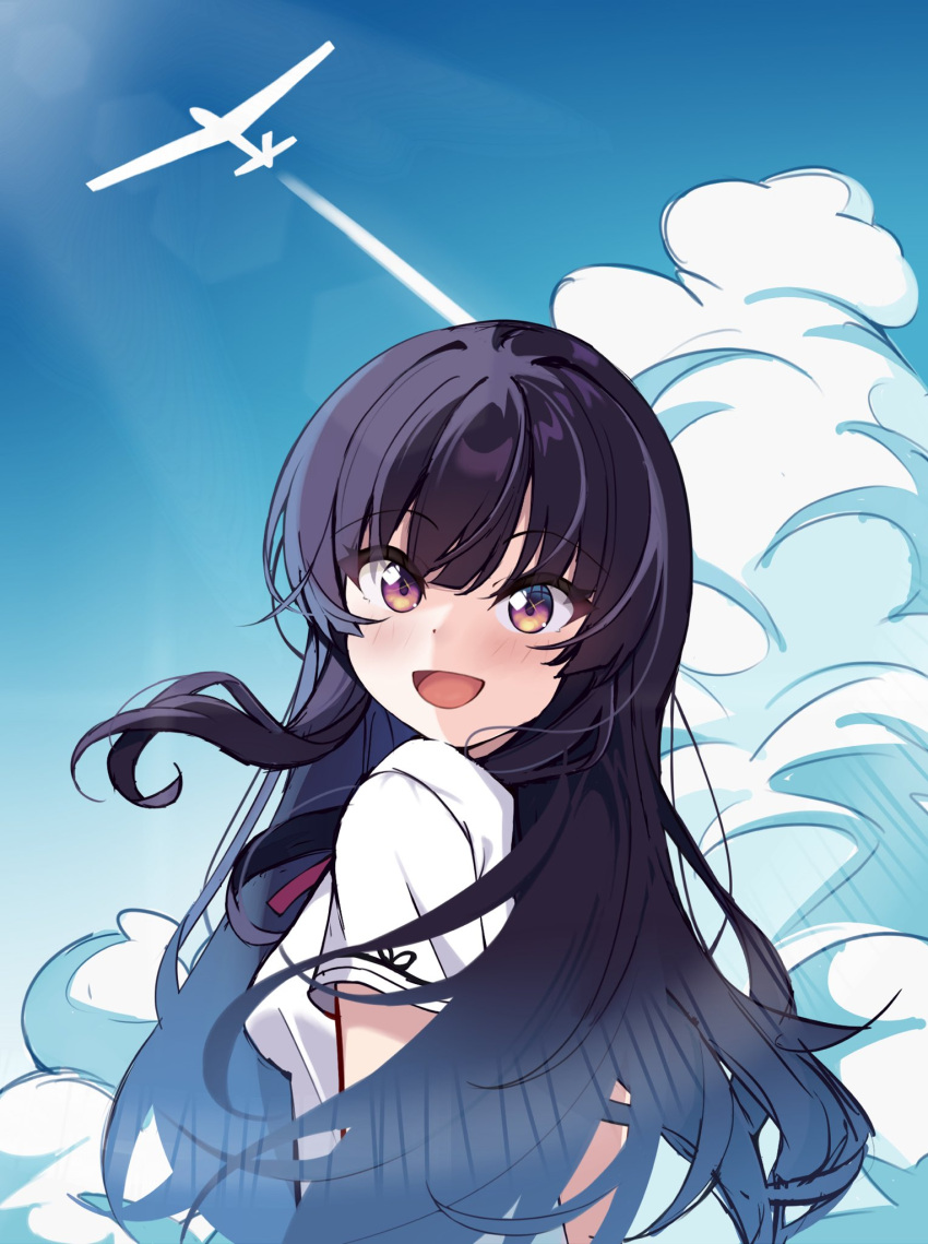 1girl :d aircraft black_hair blue_sky blunt_bangs blush commentary_request day eyelashes floating_hair from_behind glider habane_kotori happy highres kono_oozora_ni_tsubasa_wo_hirogete long_hair looking_at_viewer looking_back open_mouth outdoors ray_(rays_26) school_uniform shirt short_sleeves sidelocks sky smile solo sunlight tsurime upper_body violet_eyes white_shirt