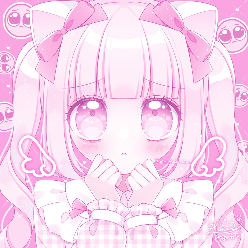 1girl animal_ears blush bow cat_ears closed_mouth collared_shirt commentary_request ear_bow emoji frilled_shirt_collar frills hands_up highres himetsuki_luna long_sleeves looking_at_viewer original pink_background pink_bow pink_hair plaid plaid_shirt pleading_face_emoji puffy_long_sleeves puffy_sleeves ringlets shirt sidelocks signature sleeves_past_wrists solo twintails twitter_username upper_body violet_eyes