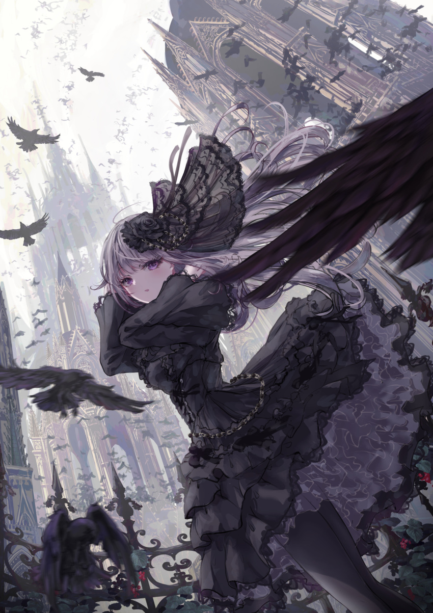 1girl architecture bird black_bow black_dress black_feathers black_flower black_pantyhose black_rose black_wings blunt_bangs blush bow building cathedral crow dress expressionless feathered_wings feathers floating_hair flower frilled_dress frills gothic_architecture gothic_lolita grey_sky hair_flower hair_ornament highres lace_trim light_blush lolita_fashion long_hair long_sleeves looking_at_viewer missile228 original outdoors pantyhose parted_lips petticoat rose sky solo too_many too_many_frills violet_eyes wind wings