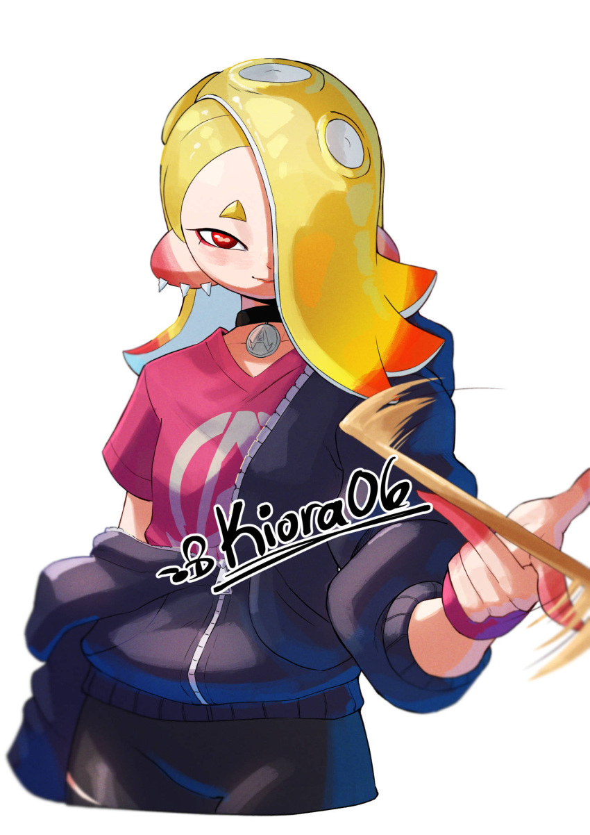 1girl artist_name black_collar blonde_hair cephalopod_eyes closed_mouth collar colored_tips commentary cropped_torso drumsticks earrings english_commentary hair_over_one_eye highres holding holding_drumsticks jewelry kiora06 long_hair looking_at_viewer multicolored_hair multiple_earrings octoling pink_shirt print_shirt red_eyes red_pupils redhead shirt shiver_(splatoon) simple_background smile solo splatoon_(series) splatoon_3 tentacle_hair tooth_earrings twitter_username two-tone_hair white_background