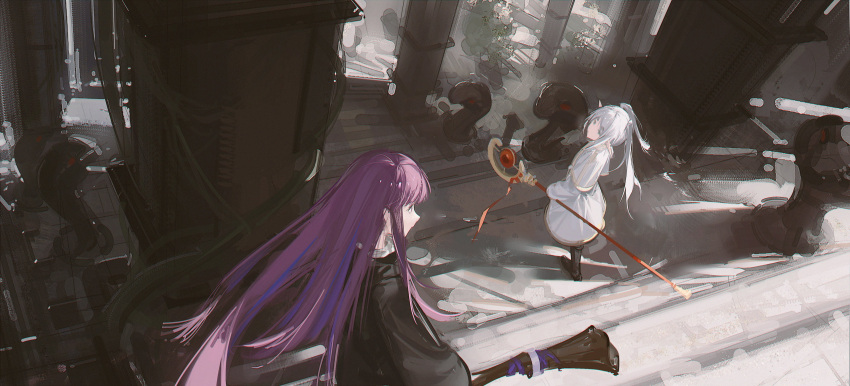 2girls absurdres black_robe boboyo capelet dangle_earrings dress drop_earrings earrings elf fern_(sousou_no_frieren) frieren from_above green_eyes highres holding holding_staff indoors jewelry mage_staff multiple_girls pillar pointy_ears purple_hair robe sousou_no_frieren staff stairs straight_hair twintails violet_eyes white_capelet white_dress