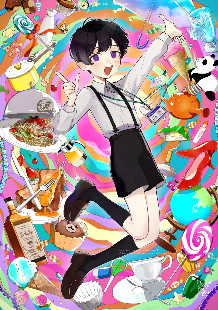 1boy black_footwear black_hair black_shorts black_socks bottle candle candy collared_shirt commission cup cupcake eraser food fork french_toast full_body globe high_heels highres ice_cream id_card index_finger_raised kneehighs knife lamp lanyard lollipop long_sleeves looking_at_viewer male_focus minai_mosa multicolored_background neon_palette open_mouth original pasta plate pointy_ears scissors shirt short_hair shorts signature socks solo spaghetti suspenders syrup teacup umbrella unworn_footwear violet_eyes white_shirt