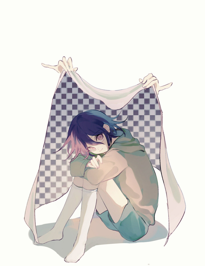 1boy alternate_costume arms_on_knees black_cape blue_shorts cape checkered_cape commentary crossed_arms danganronpa_(series) danganronpa_v3:_killing_harmony disembodied_limb full_body green_hoodie green_sleeves hair_between_eyes head_on_arm highres holding holding_cape holding_clothes hood hood_down hoodie kneehighs knees_up long_sleeves looking_at_viewer no_shoes oma_kokichi omanyam1 parted_lips purple_hair shadow short_hair shorts simple_background sitting smile socks solo symbol-only_commentary two-sided_cape two-sided_fabric two-tone_cape violet_eyes white_background white_cape white_socks