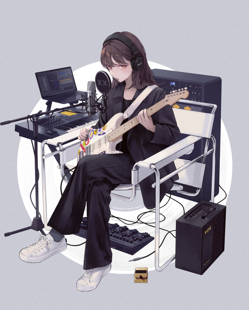 1girl amplifier black_jacket black_nails black_pants black_shirt brown_hair chair commentary_request commission computer effects_pedal electric_guitar full_body grey_background guitar headphones highres holding holding_guitar holding_instrument instrument jacket keyboard_(instrument) laptop long_hair looking_at_viewer marshall_amplification microphone microphone_stand music open_mouth orange_eyes original pants pedal_board pop_filter shirt shoes singing sitting skeb_commission sneakers solo sugai_(4ugaii) two-tone_background white_background white_footwear