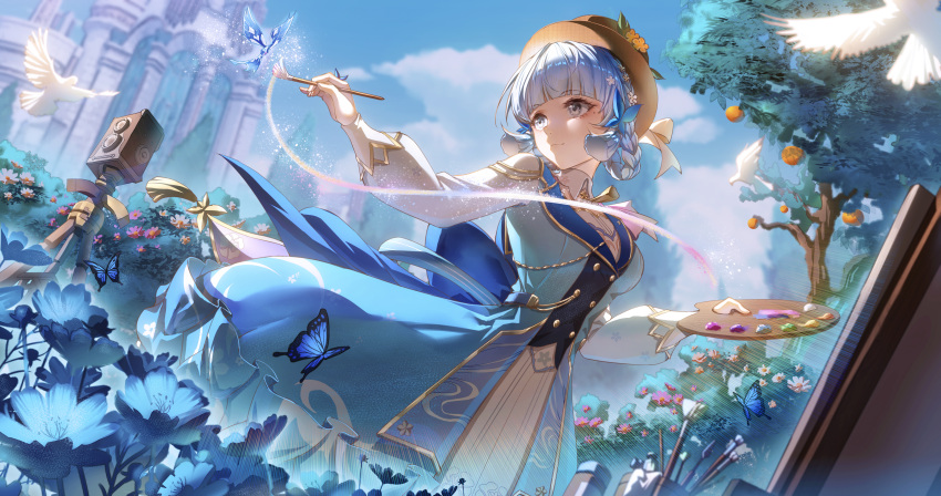 1girl absurdres animal bird blue_dress blue_flower blue_hair blue_sky blunt_ends braid breasts brown_hat bug butterfly camera canvas_(object) clouds commentary_request crystalfly_(genshin_impact) day dress easel flower genshin_impact grey_eyes hair_rings hat highres holding holding_paintbrush kamisato_ayaka kamisato_ayaka_(springbloom_missive) long_sleeves looking_to_the_side medium_breasts official_alternate_costume outdoors paintbrush painttool_sai_(medium) palette_(object) puffy_long_sleeves puffy_sleeves shirt sky sleeveless sleeveless_dress solo tree twin_braids white_shirt yiyu_qing_mang