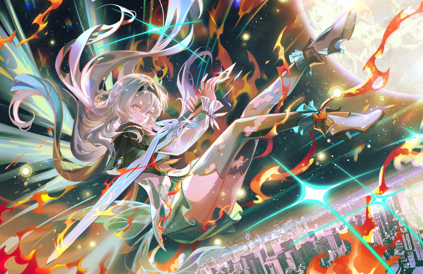 1girl black_footwear black_hairband black_jacket burning_clothes cityscape commentary cracked_skin english_commentary fire firefly_(honkai:_star_rail) from_side full_body green_skirt green_thighhighs hair_between_eyes hairband highres holding holding_sword holding_weapon honkai:_star_rail honkai_(series) jacket jessica_wijaya long_hair looking_at_viewer midair parted_lips shirt skirt solo sword thigh-highs thighs torn_clothes torn_thighhighs weapon white_hair white_shirt