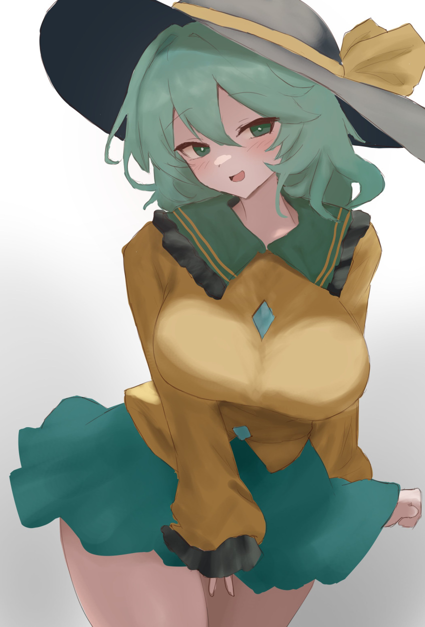 1girl absurdres blush breasts commentary_request gradient_background green_eyes green_skirt grey_background hat hat_ribbon highres komeiji_koishi large_breasts long_sleeves looking_at_viewer moriforest1040 open_mouth ribbon shirt skirt solo touhou yellow_ribbon yellow_shirt